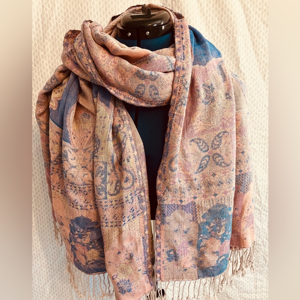 Floral Paisley Woven Shawl Scarf in Dusty Pink & Teal